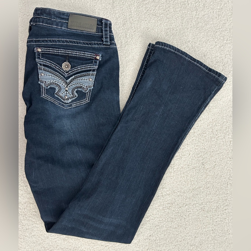 Hydraulic Dark Blue Flare Jeans with Embellished Pockets